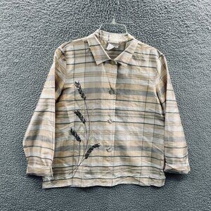 Coldwater Creek Womens Top Medium Tan 100%‎ Silk Embellished Button Front Shirt